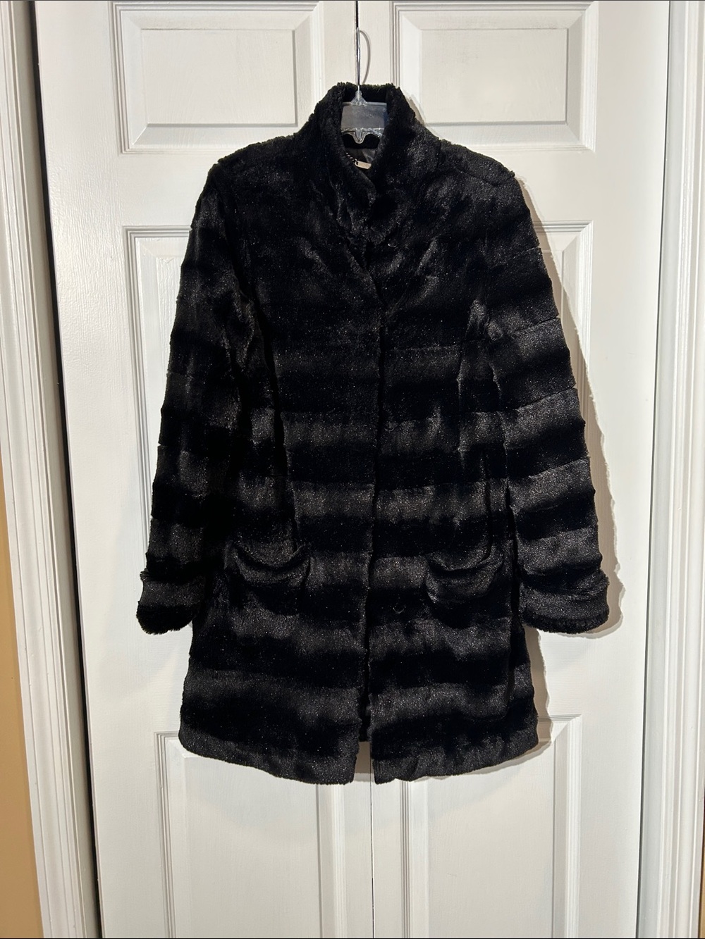Dennis Basso Black Faux Fur Coat Size M Medium Mid-length w/pockets